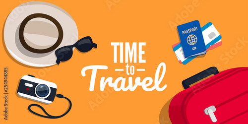 Concept of travelling with the text. Vector illustration in flat style. Suitcase, ticket, hat, sunglasses on a orange background.