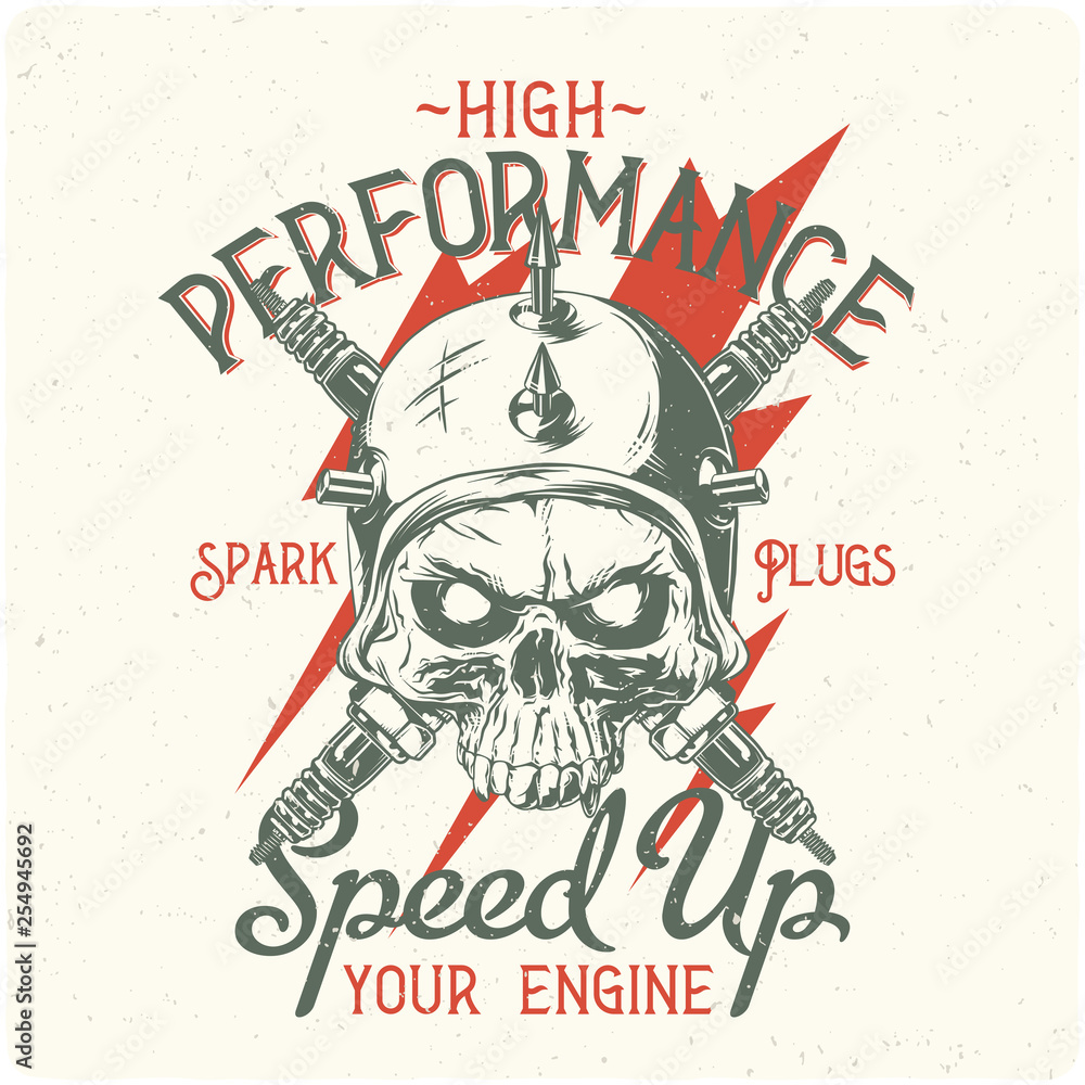 Hand drawn illustration of a biker skull and motorcycle parts. T-shirt or poster illustration with text composition.