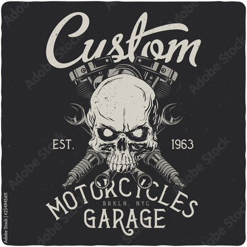 Hand drawn illustration of a biker skull and motorcycle parts. T-shirt or poster illustration with text composition.