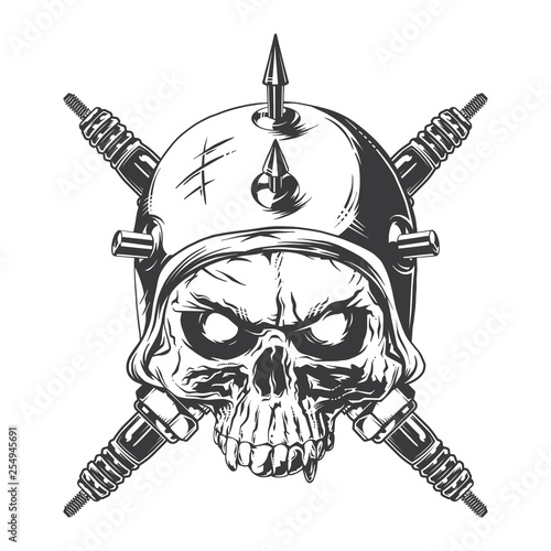 Hand drawn illustration of a biker skull and spark plugs. Isolated on white background.