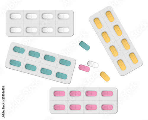 Medical pill blisters with individual detachable cells isolated on white background. Oblong color medicine tablets packaging, vector template