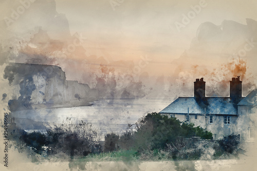 Watercolour painting of Beautiful dramatic foggy Winter sunrise Seven Sisters cliffs landscape in England