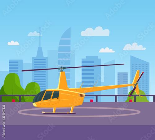 Helicopter on helipad at building rooftop. Vector flat style illustration.
