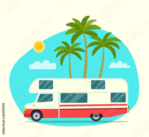 Trailers caravan. Summer tropical landscape.Vector flat style illustration