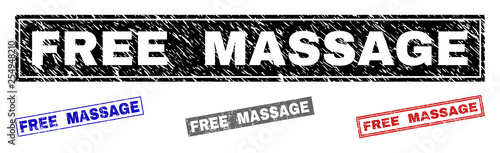 Grunge FREE MASSAGE rectangle stamp seals isolated on a white background. Rectangular seals with grunge texture in red, blue, black and grey colors.