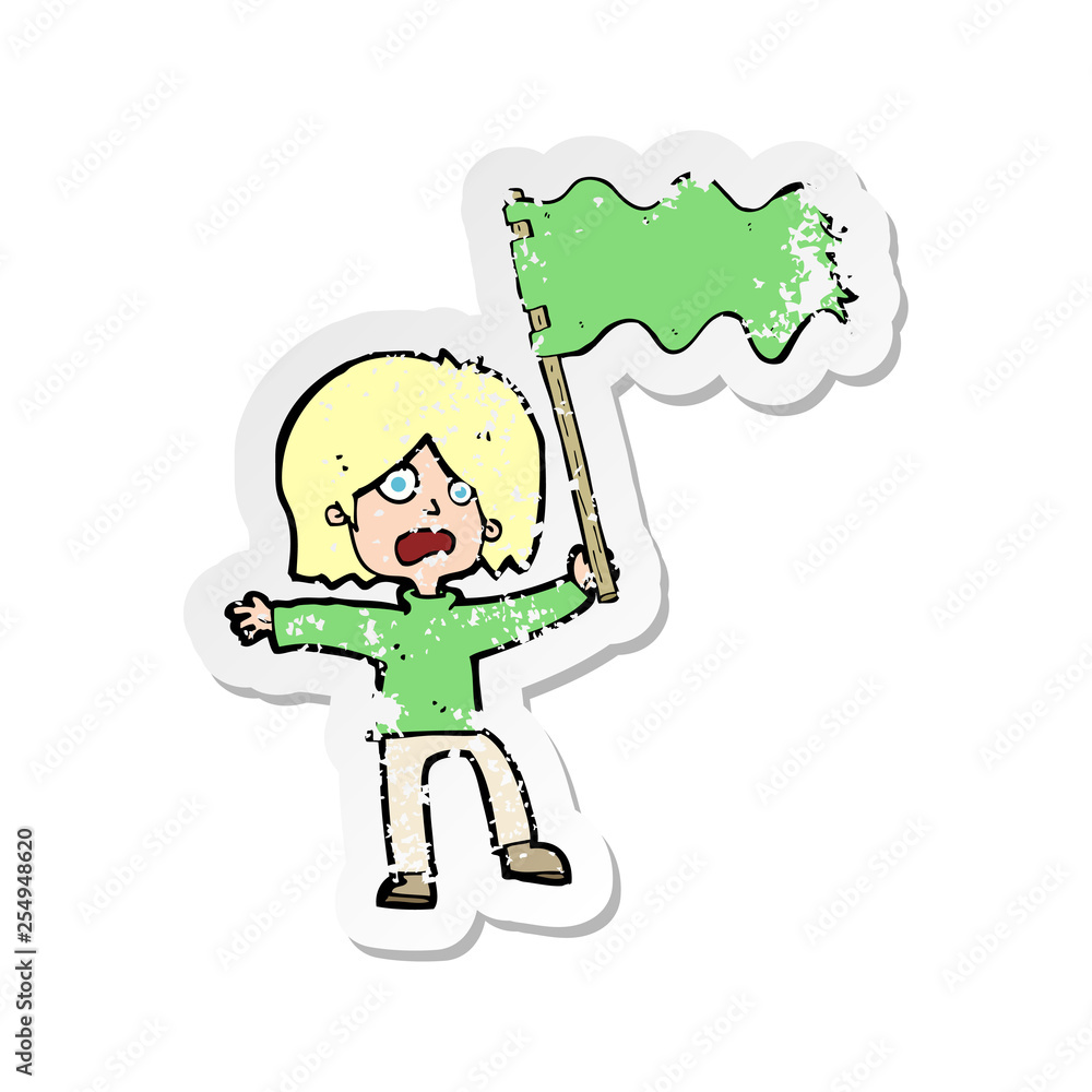 retro distressed sticker of a cartoon woman waving green flag retro distressed sticker of a cartoon woman waving green flag