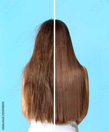 Woman before and after hair treatment on color background