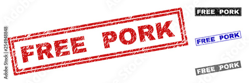 Grunge FREE PORK rectangle stamp seals isolated on a white background. Rectangular seals with grunge texture in red, blue, black and gray colors.