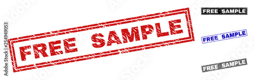 Grunge FREE SAMPLE rectangle stamp seals isolated on a white background. Rectangular seals with distress texture in red, blue, black and grey colors.