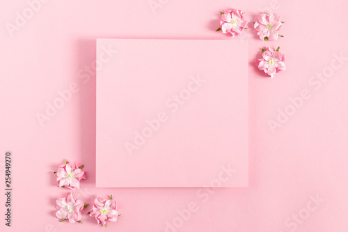 Flowers composition creative. Pink flowers, empty paper on pastel pink background. Flat lay, top view, copy space © prime1001