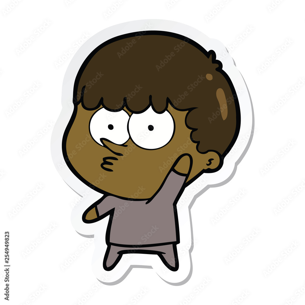 sticker of a cartoon curious boy waving sticker of a cartoon curious boy waving