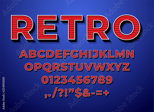 Retro vintage alphabet font 3D style. 