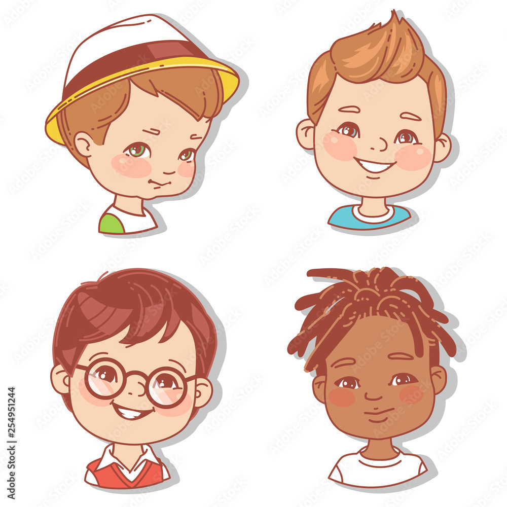 Set with boy's faces. Userpics for blog. Avatar collection of boy faces. Vector illustration of different kids portraits in circle. Various color of hair, eyes, skin, nation. Vector illustration. Set with boy's faces. Userpics for blog. Avatar collection of boy faces. Vector illustration of different kids portraits in circle. Various color of hair, eyes, skin, nation. Vector illustration.