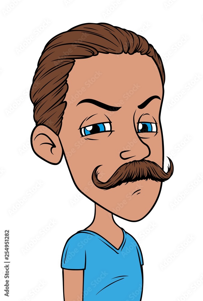 Cartoon boy character with mustache. Isolated on white background. Vector icon avatar. Stock