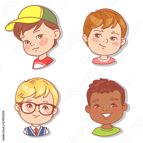 Set with boy's faces. Userpics for blog. Avatar collection of boy faces. Vector illustration of different  kids  portraits in circle. Various color of hair, eyes, skin, nation. Vector illustration.