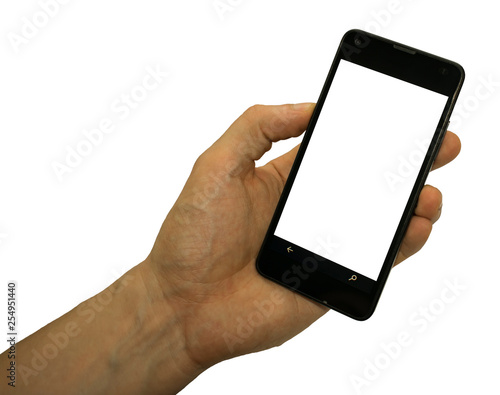 Hand holds smart phone with blank white screen. White background, isolate.