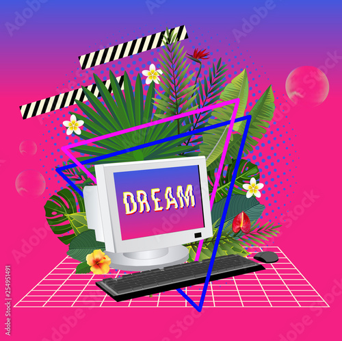Vaporwave statue with computer and leaves. 3D Background Illustration Inspired by 80 s Scene, synthwave and retrowave music. Vector Illustration.