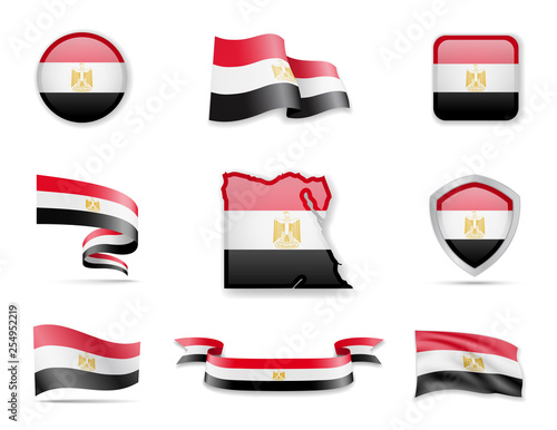 Egypt flags collection. Vector illustration set flags and outline of the country.