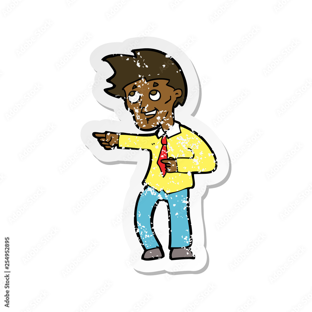 retro distressed sticker of a cartoon funny office man pointing retro distressed sticker of a cartoon funny office man pointing