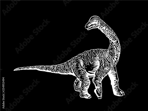 Graphical diplodocus isolated on black background,vector illustration,tattoo