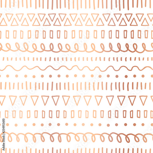 Rose Gold foil doodles seamless vector pattern. Copper Ethnic tribal motifs. Hand drawn metallic strokes, lines, triangles repeating background. Party invitation, birthday card, wedding celebration