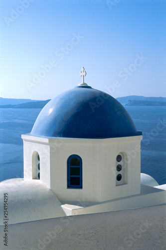 Blue dome of Greek Orthodox Church in Oia, Santorini, Greece