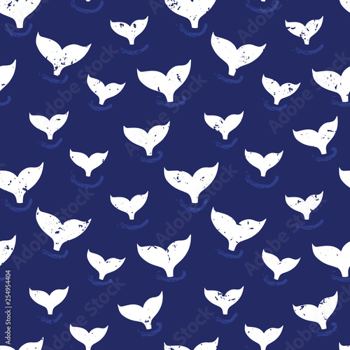 Whale fin seamless pattern vector. Simple Marine background blue and white. Silhouette of whale tail. Ocean theme design for fabric, baby clothes, wrapping paper, kids decor, wallpaper