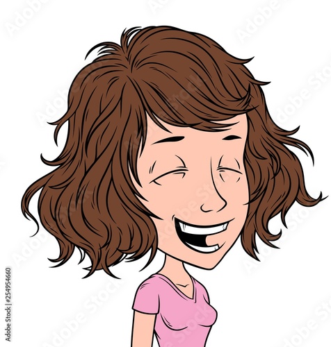 Cartoon brunette laughing girl character with closed eyes. Isolated on white background. Vector icon avatar.