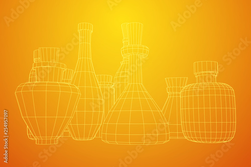 Different wine bottles. Model wireframe low poly mesh vector illustration