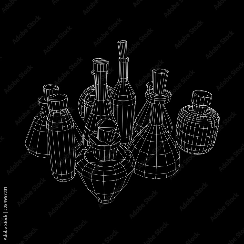 Different wine bottles. Model wireframe low poly mesh vector illustration Different wine bottles. Model wireframe low poly mesh vector illustration