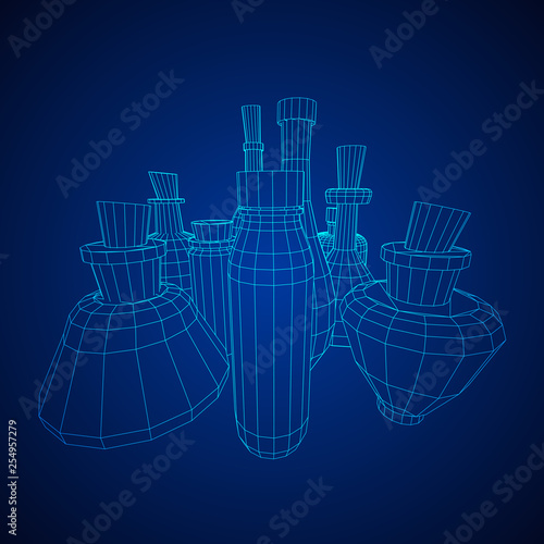 Different wine bottles. Model wireframe low poly mesh vector illustration