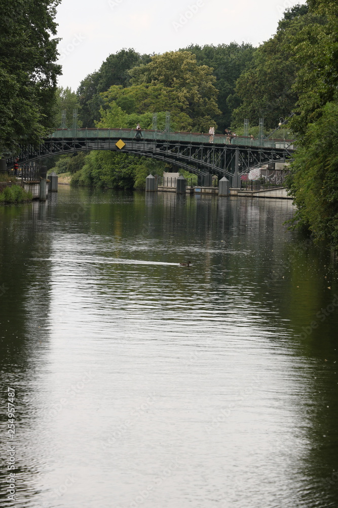 Old iron bridge over the river in Berlin. At the edges a thick vegetation