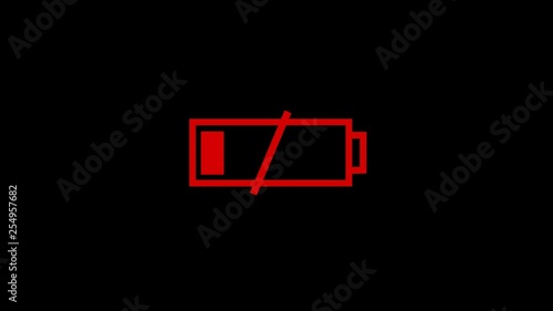 Digital low battery charging status indicator animation on Alpha Channel. Critical level, no energy, warning. Technologies concept. Device, gadget. Logo, icon.