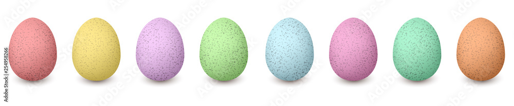Happy Easter colored dotted eggs in a row. Set of red, green, blue, pink, purple, yellow, brown Happy Easter colored dotted eggs in a row. Set of red, green, blue, pink, purple, yellow, brown