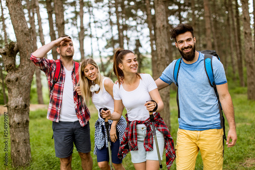 Group of four friends hikin...