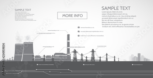 Nuclear power plant, with electric pylons, power supply to the city, infographics. photo