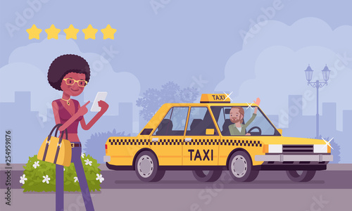 Good car and driver in taxi rating app system. Happy female passenger ranking with smartphone application vehicle, service quality, route, price, safety performance at five stars. Vector illustration