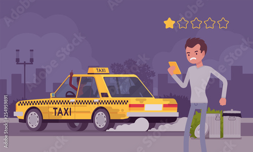 Bad car and rude driver in taxi rating app system. Angry male passenger ranking with smartphone application vehicle, service quality, route, price, safety performance at one star. Vector illustration