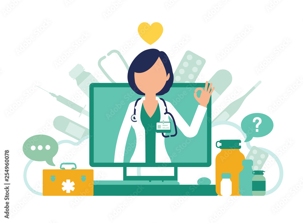 Online medicine screen with doctor. Internet pharmacy or e-pharmacy development, medical supply store, professionals to give diagnosis and treatment. Vector abstract illustration, faceless characters