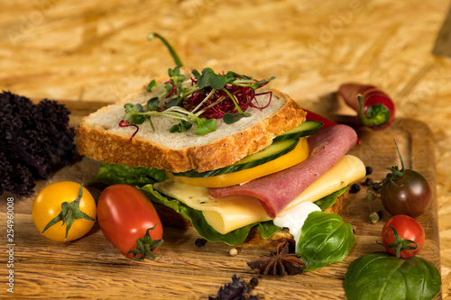 sandwich with cheese, meat and vegetables