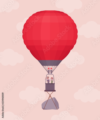 Hot air balloon with business people in flight and a rock. Heavy load to carry, difficult weight or dangerous handicap prevents good start and development, causes worry, hardship. Vector illustration