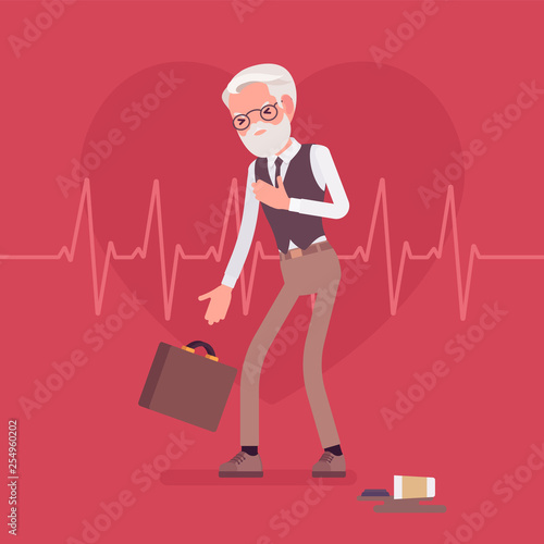 Heart attack male symptoms. Senior man has a sudden great pain, aching sensation in chest, serious medical emergency case, cardiogram pulse background. Medicine and healthcare. Vector illustration