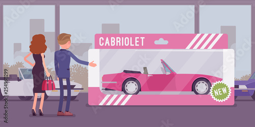 Expensive toy for a woman. Female person gifted with wrapped car for entertainment, real vehicle in present box from auto showroom, automobile amusement for fun to play and drive. Vector illustration