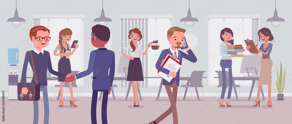 Employees busy in the office. Group of business people working in a room, businessmen and businesswomen meet colleagues, perform professional activity in positive corporate mood. Vector illustration