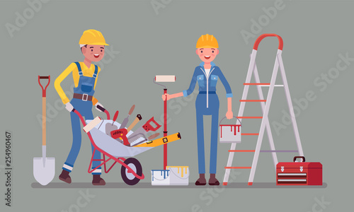 Construction workers with professional equipment. Male and female laborers in uniform and hard hat employed to build or repair, engaged in manual work and physical labour industry. Vector illustration