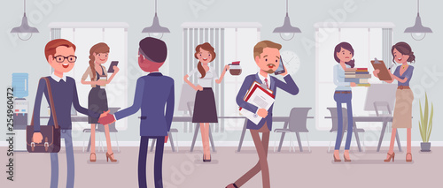 Employees busy in the office. Group of business people working in a room, businessmen and businesswomen meet colleagues, perform professional activity in positive corporate mood. Vector illustration