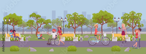 Spring or summer season park zone with people. Large public garden, land area with green grass and trees for fun and recreation, happy citizens enjoy open air activities and walk. Vector illustration