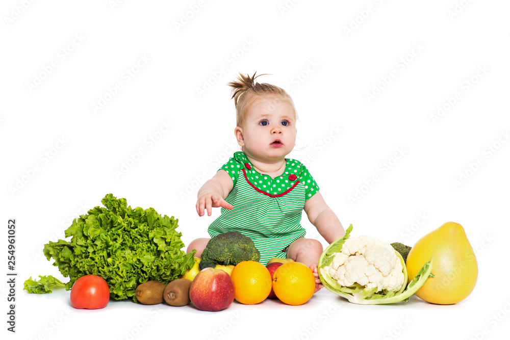 Baby girl sitting surrounded by fruits and vegetables, isolated on white Baby girl sitting surrounded by fruits and vegetables, isolated on white