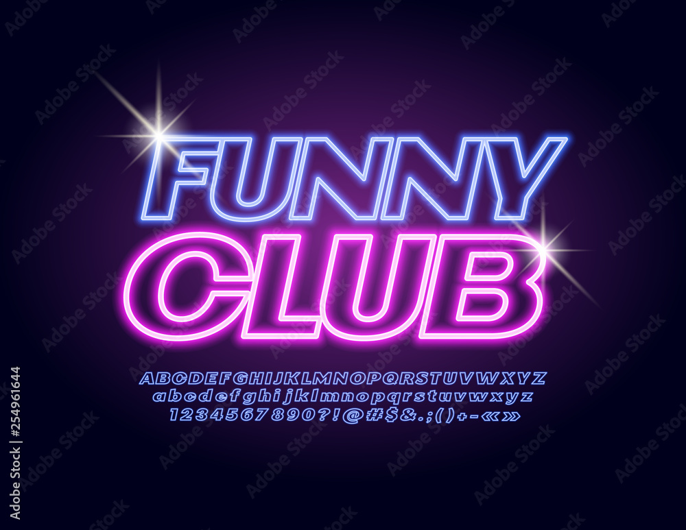 Vector neon emblem Funny Club. Colorful Set of Alphabet Letters. Bright blue Font.
