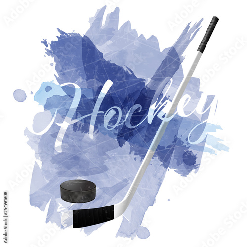 Abstract blue watercolor splashes with ice hockey equipment